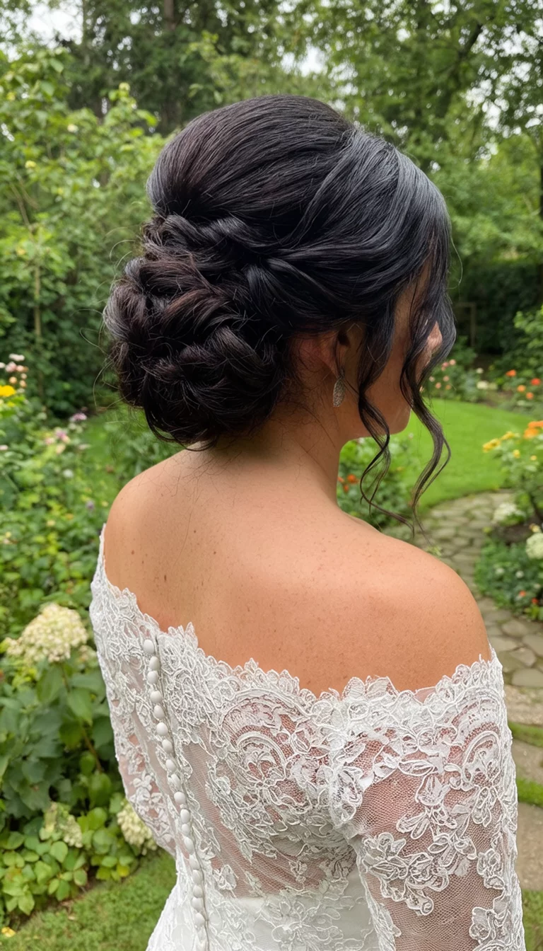 casual photo of a 30-year-old bride wearing an off-the-shoulder lace gown with an intricate dark updo featuring twisted sections and loose tendrils hairstyle, side view, garden background