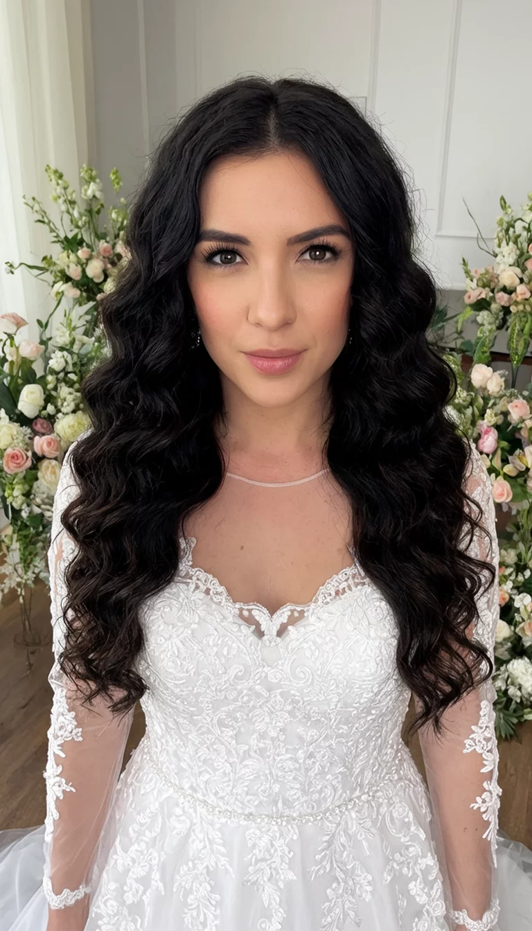 selfie of a 28-year-old bride wearing a white lace-detailed wedding dress with dark, voluminous natural curls cascading down hairstyle, front view, indoor floral setting