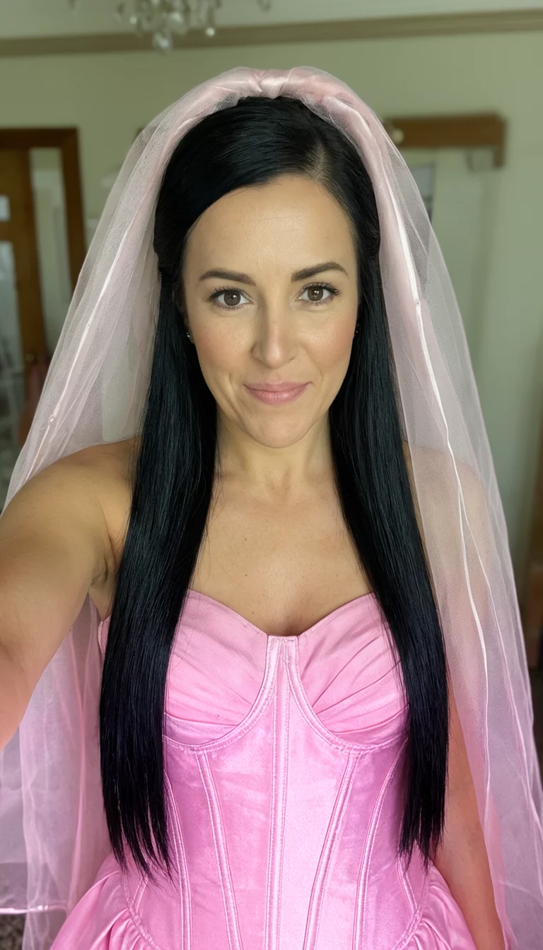selfie of a 33-year-old bride wearing a pink corseted dress with long, dark straight hair tucked behind ears under a sheer silk veil hairstyle, front view, indoor setting