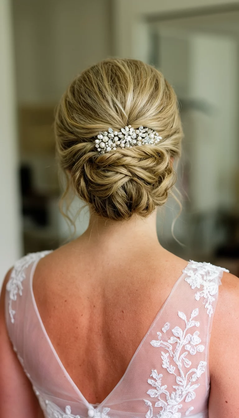casual photo of a 45-year-old bride wearing a bridal top with an intricate twisted blonde updo secured with a crystal and pearl accessory hairstyle, back view, indoor setting
