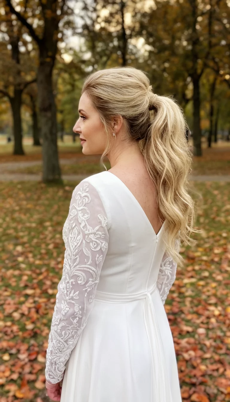 casual photo of a 32-year-old bride wearing a white V-neck dress with ornate sleeves with a high blonde ponytail featuring soft texture and volume hairstyle, side view, outdoor autumn park background