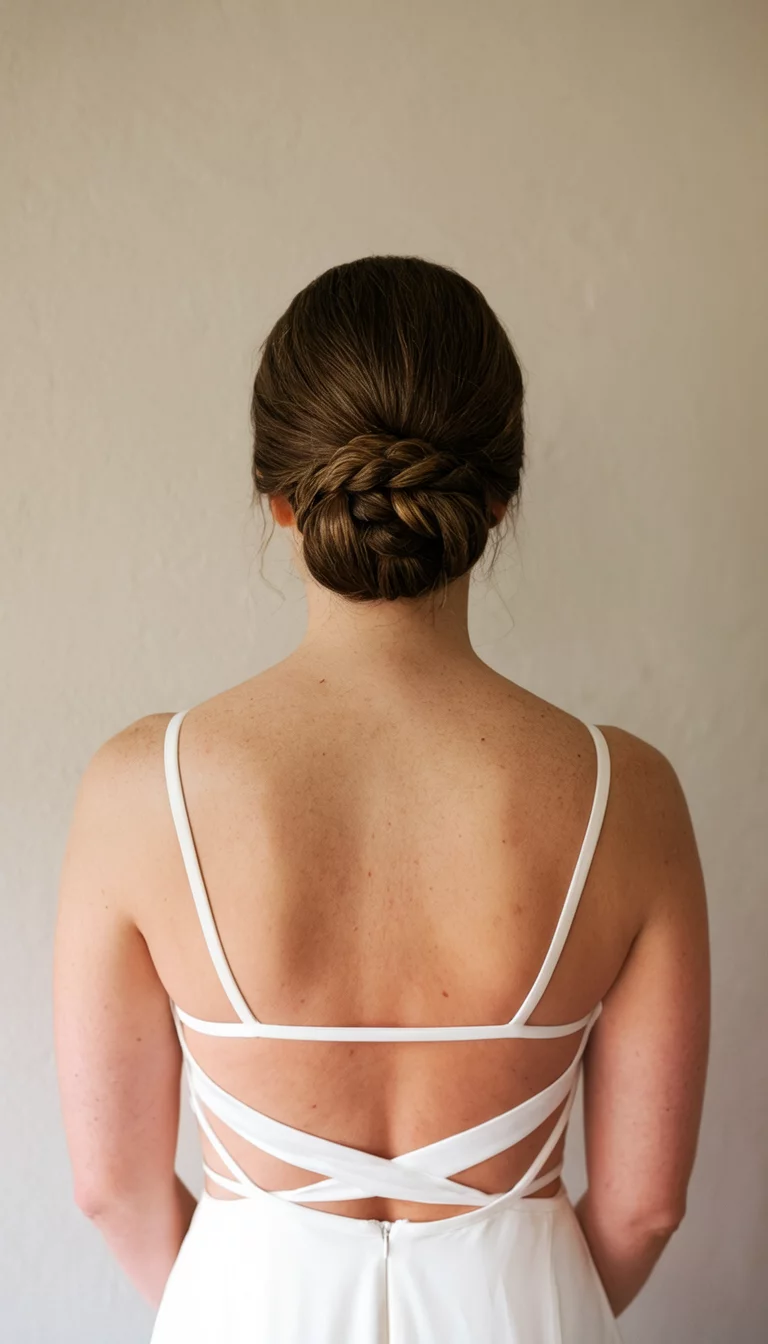 casual photo of a 35-year-old bride wearing a strappy white dress with a neat, tightly coiled low bun hairstyle, back view, neutral wall background