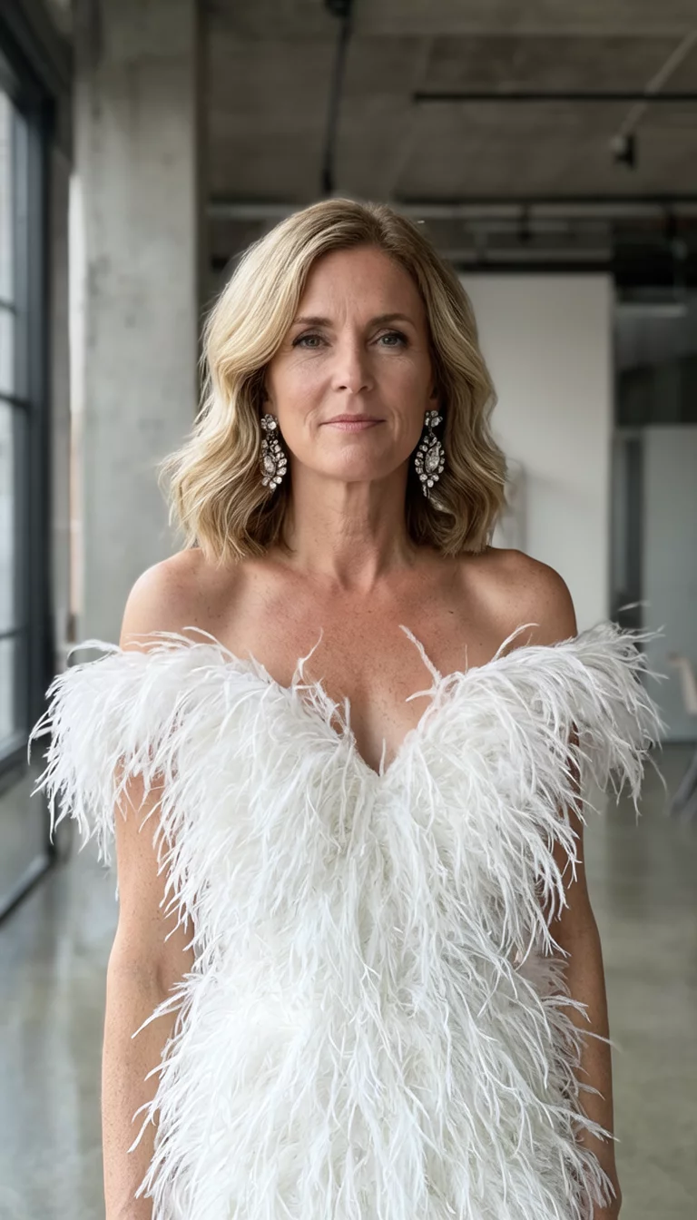 casual photo of a 41-year-old bride wearing a feathered white dress with shoulder-length blonde waves and statement earrings hairstyle, front view, modern loft background