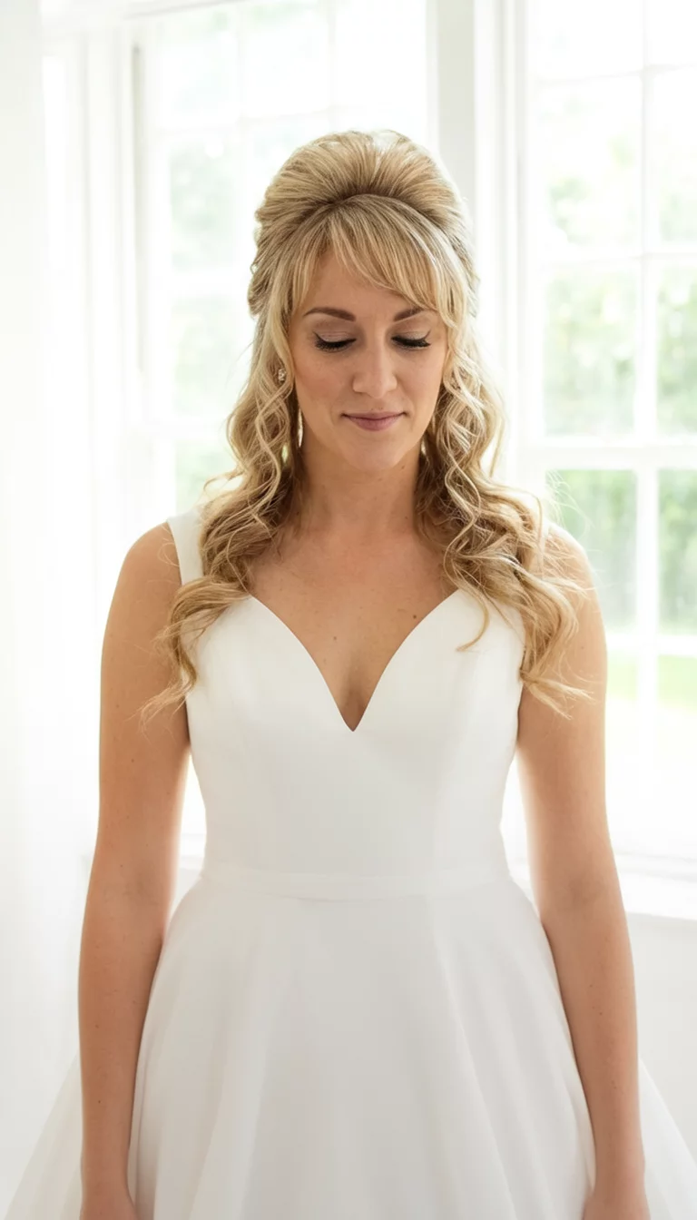 casual photo of a 28-year-old bride wearing a white gown with a blonde half-up, half-down look with soft curls and volume at the crown hairstyle, front view, bright window background