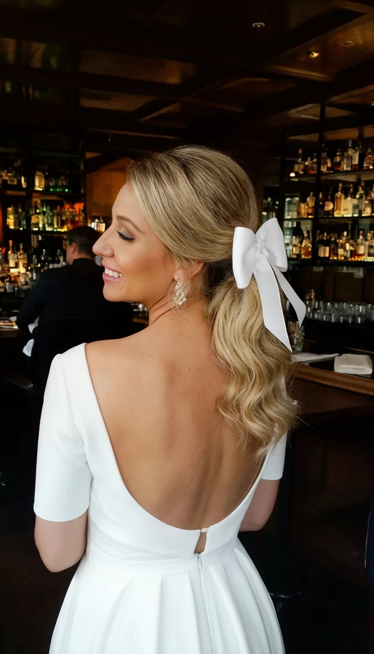 selfie of a 29-year-old bride wearing a low-back white dress with a side-swept blonde ponytail tied with a large white bow hairstyle, front view, cocktail lounge background