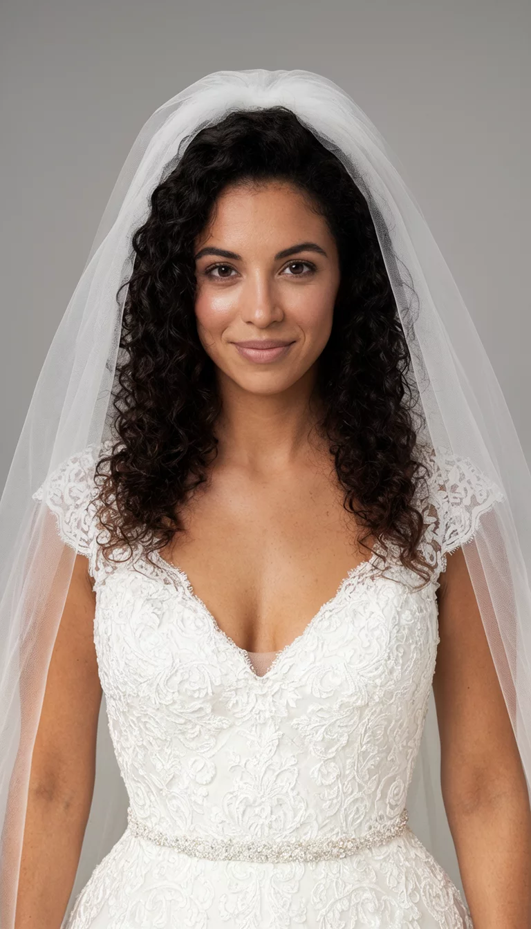 selfie of a 29-year-old bride wearing a white lace wedding dress with dark natural curly hair under a cathedral veil hairstyle, front view, studio lighting
