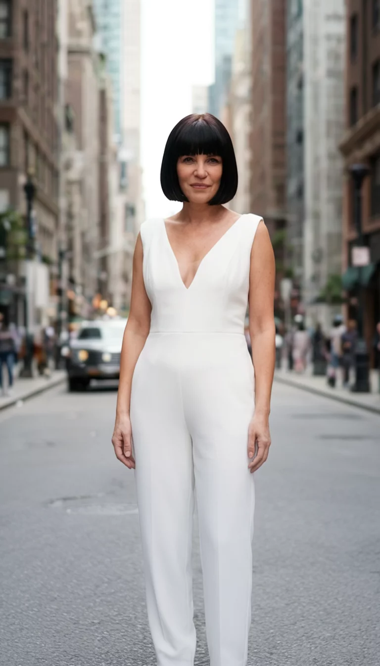casual photo of a 38-year-old bride wearing a white jumpsuit with a sleek bob hairstyle, front view, urban city background