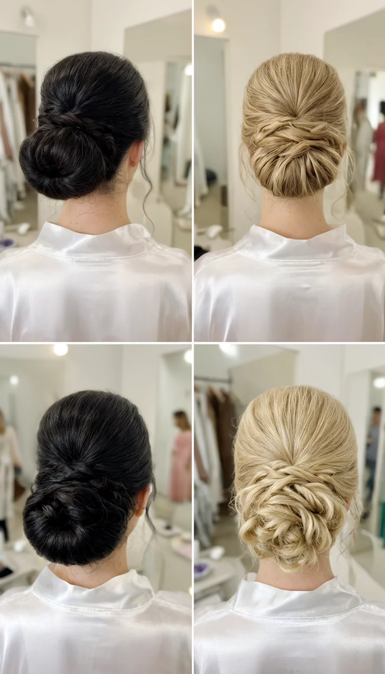 casual photo of a 37-year-old bride wearing a bridal robe showing four different elegant buns for dark and blonde hair hairstyle, back view, dressing room background