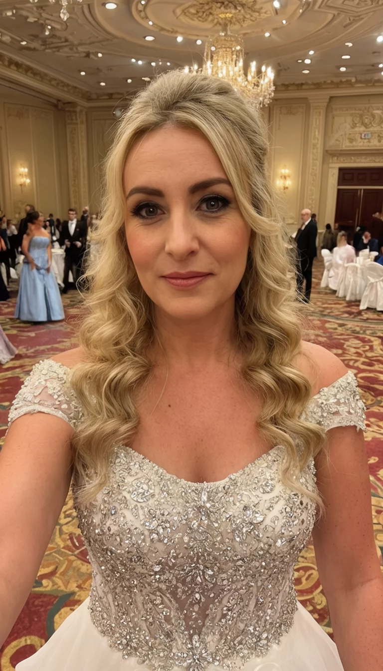 selfie of a 34-year-old bride wearing a jeweled bodice dress with blonde hair in a half-up, half-down style with loose barrel curls hairstyle, front view, ballroom background