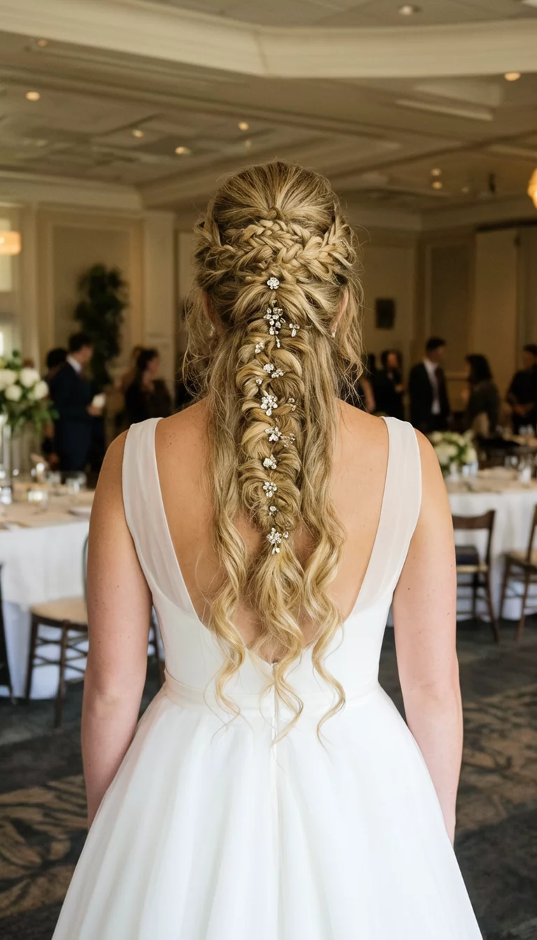 casual photo of a 36-year-old bride wearing a white gown with long blonde hair in intricate Dutch braids and curls adorned with jewels hairstyle, back view, indoor reception hall