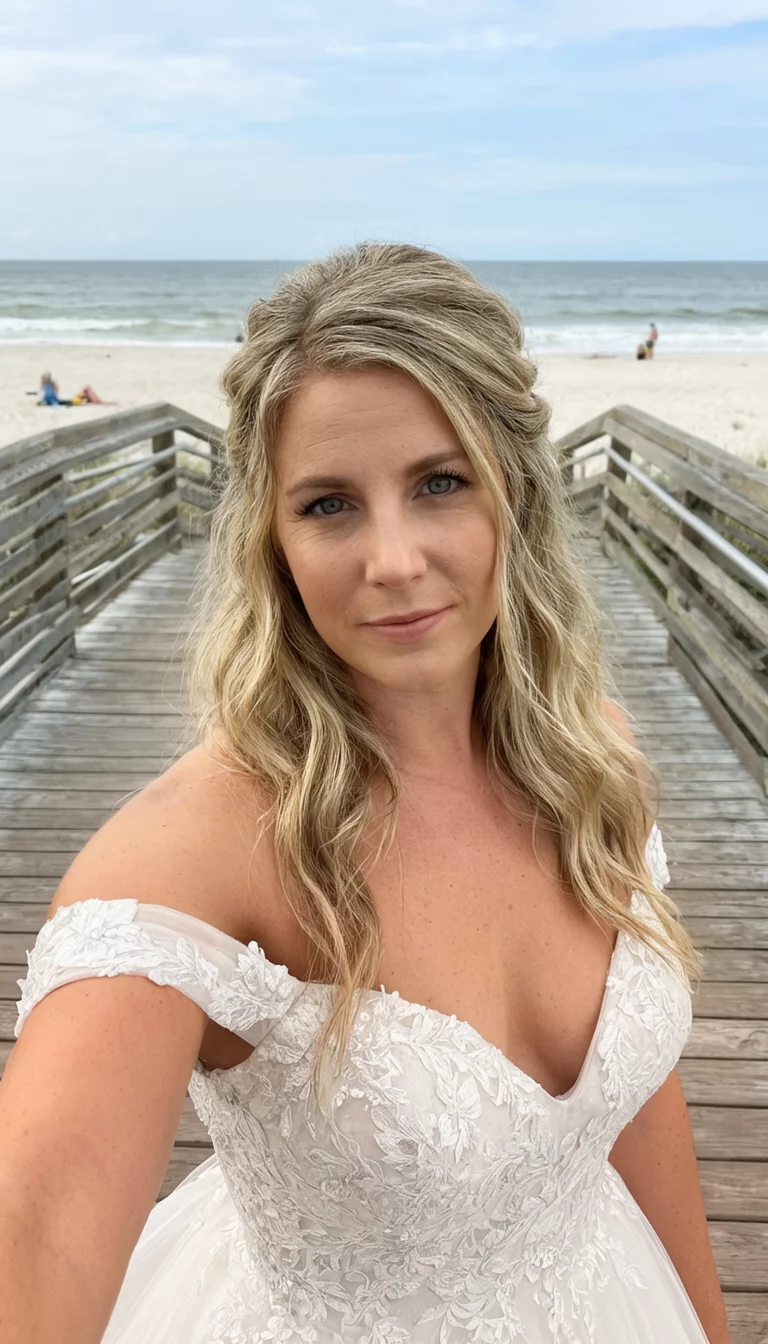 selfie of a 33-year-old bride wearing an off-the-shoulder gown with blonde beachy waves and a simple half-up twist hairstyle, front view, beach boardwalk background