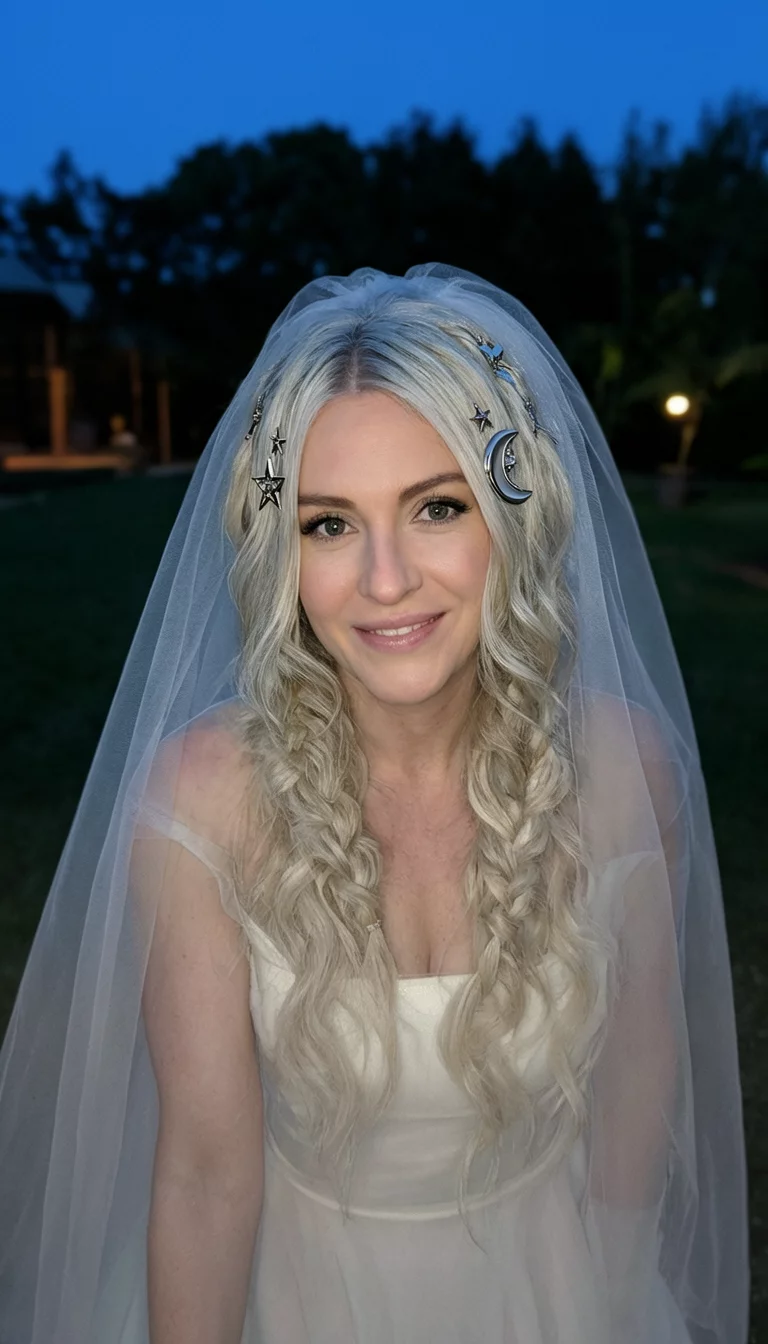 selfie of a 30-year-old bride wearing a veil with platinum blonde hair in loose braids and waves with moon and star metal pins hairstyle, front view, evening outdoor setting