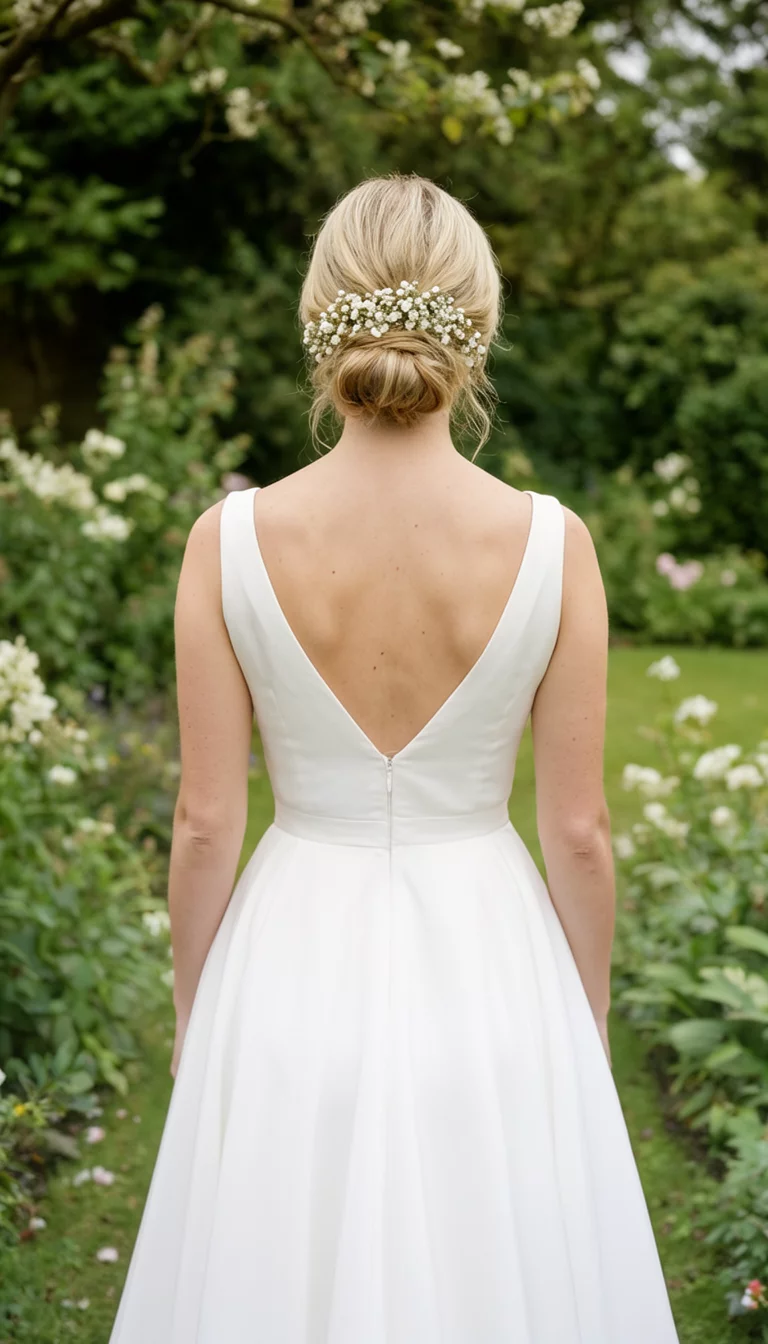casual photo of a 32-year-old bride wearing a white gown with a delicate blonde low bun adorned with small white baby breath flowers hairstyle, back view, garden background