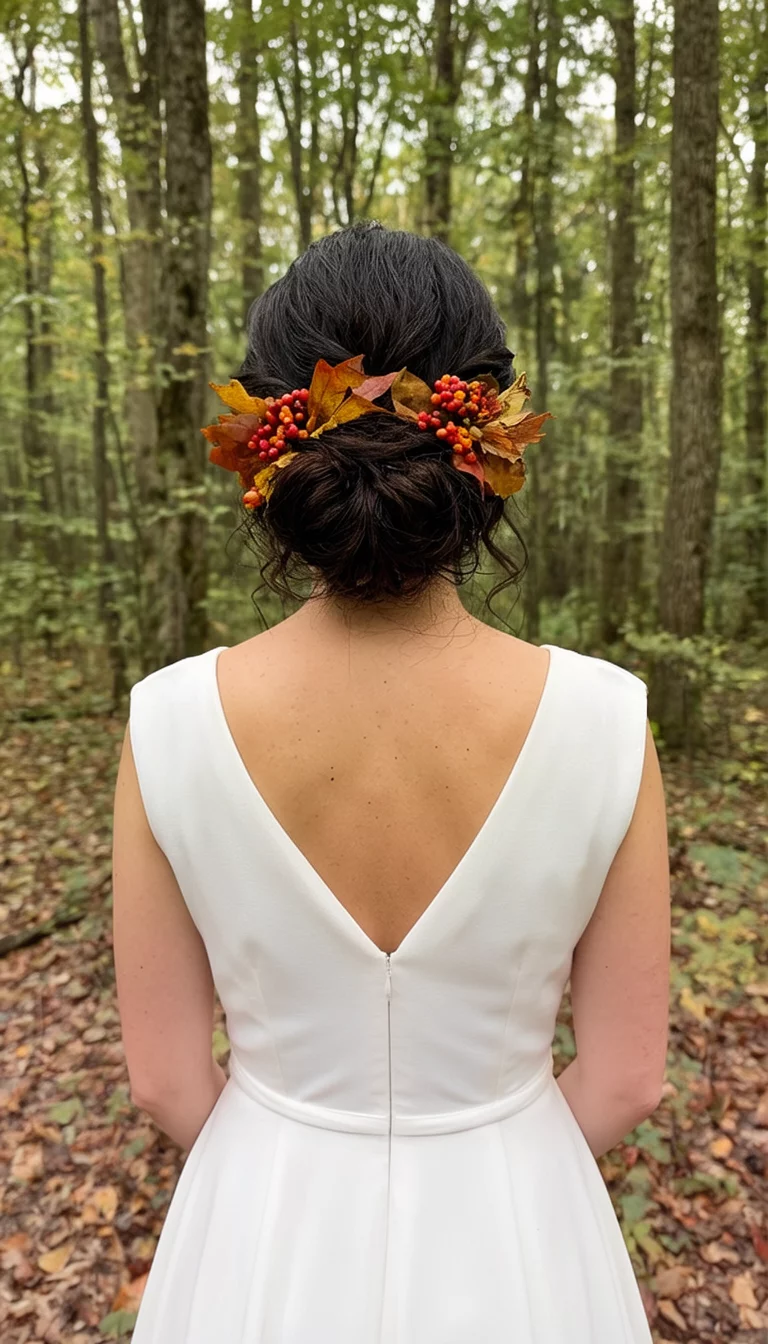 casual photo of a 39-year-old bride wearing a white dress with a voluminous dark loose updo adorned with autumnal leaves and berries hairstyle, back view, woods background