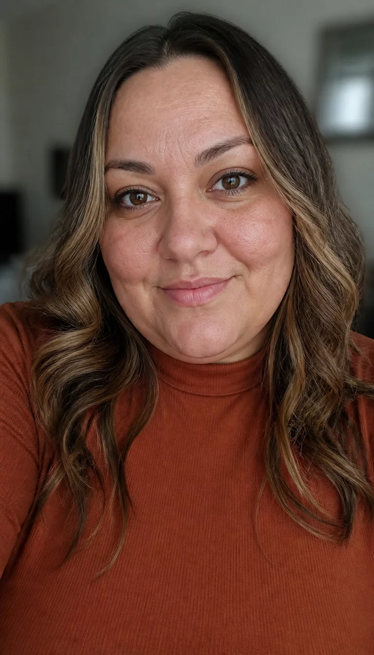Warm Mocha With Blonde Accents selfie of a 33-year-old plus size woman of indeterminate ethnicity with a chubby face and a soft, rounded nose. The skin is heavily textured with a complex pattern of large pores and a light tan. The eyes are dark brown. She is wearing a rust-colored mock neck top with wavy brown hair featuring blonde highlights, front view, blurred background.
