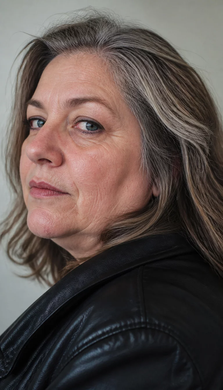Grey Toned Edgy Layers casual photo of a 48-year-old plus size Caucasian woman with a chubby face and a prominent nose bridge. The skin is heavily textured with a complex pattern of deep laugh lines and a faint scar on the chin. The eyes are piercing blue. She is wearing a black leather jacket with layered, grey-toned hair with lighter streaks, side view, neutral background.