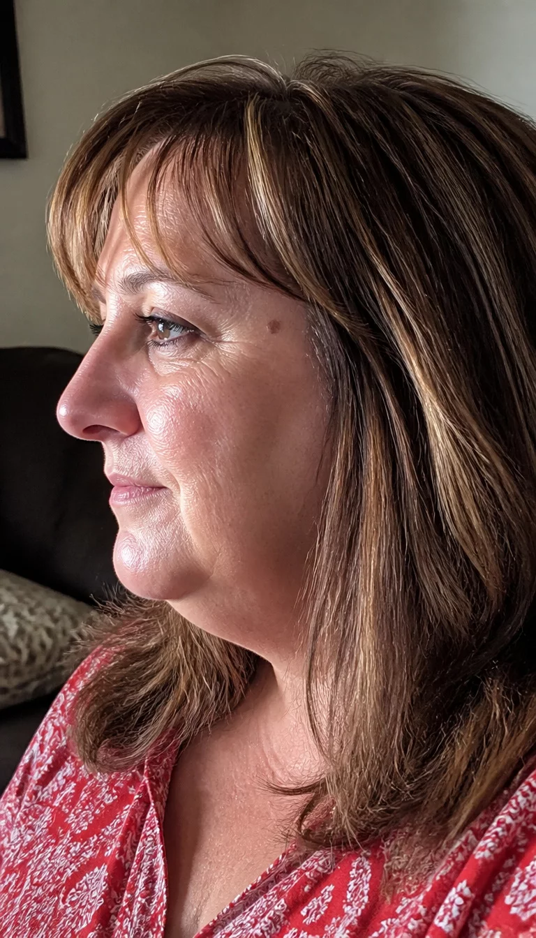 Reddish Blonde Highlighted Layers casual photo of a 45-year-old plus size Caucasian woman with a chubby face and a classic Roman nose. The skin is heavily textured with a complex pattern of fine lines around the eyes and a small birthmark on the temple. The eyes are light brown. She is wearing a red and white patterned top with layered brown hair featuring reddish-blonde highlights and bangs, side view, indoor setting.
