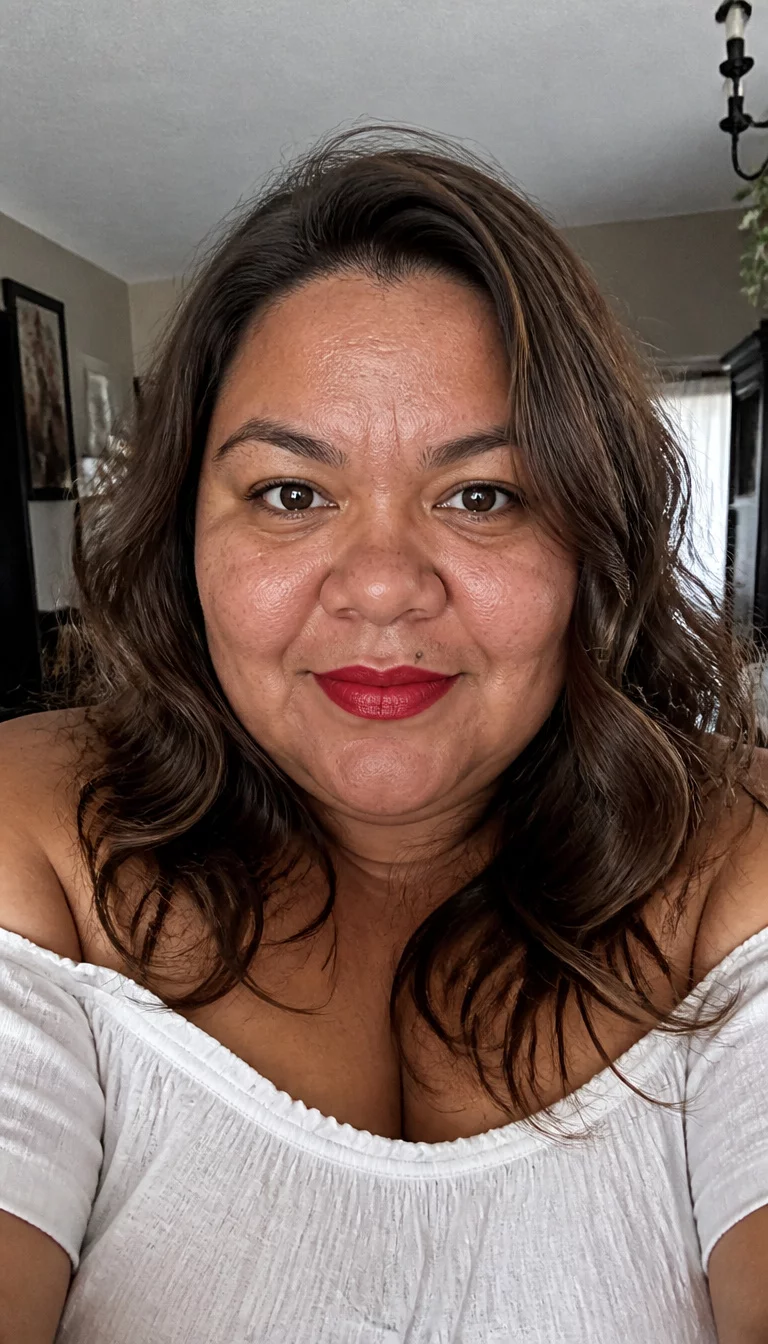 Coffee Brown and Red Lips selfie of a 39-year-old plus size woman with a chubby face and a straight, wide nose. The skin is heavily textured with a complex pattern of sun damage on the forehead and a small beauty mark above the lip. The eyes are dark brown. She is wearing a white off-the-shoulder top with medium-length, wavy brown hair and red lipstick, front view, home setting.