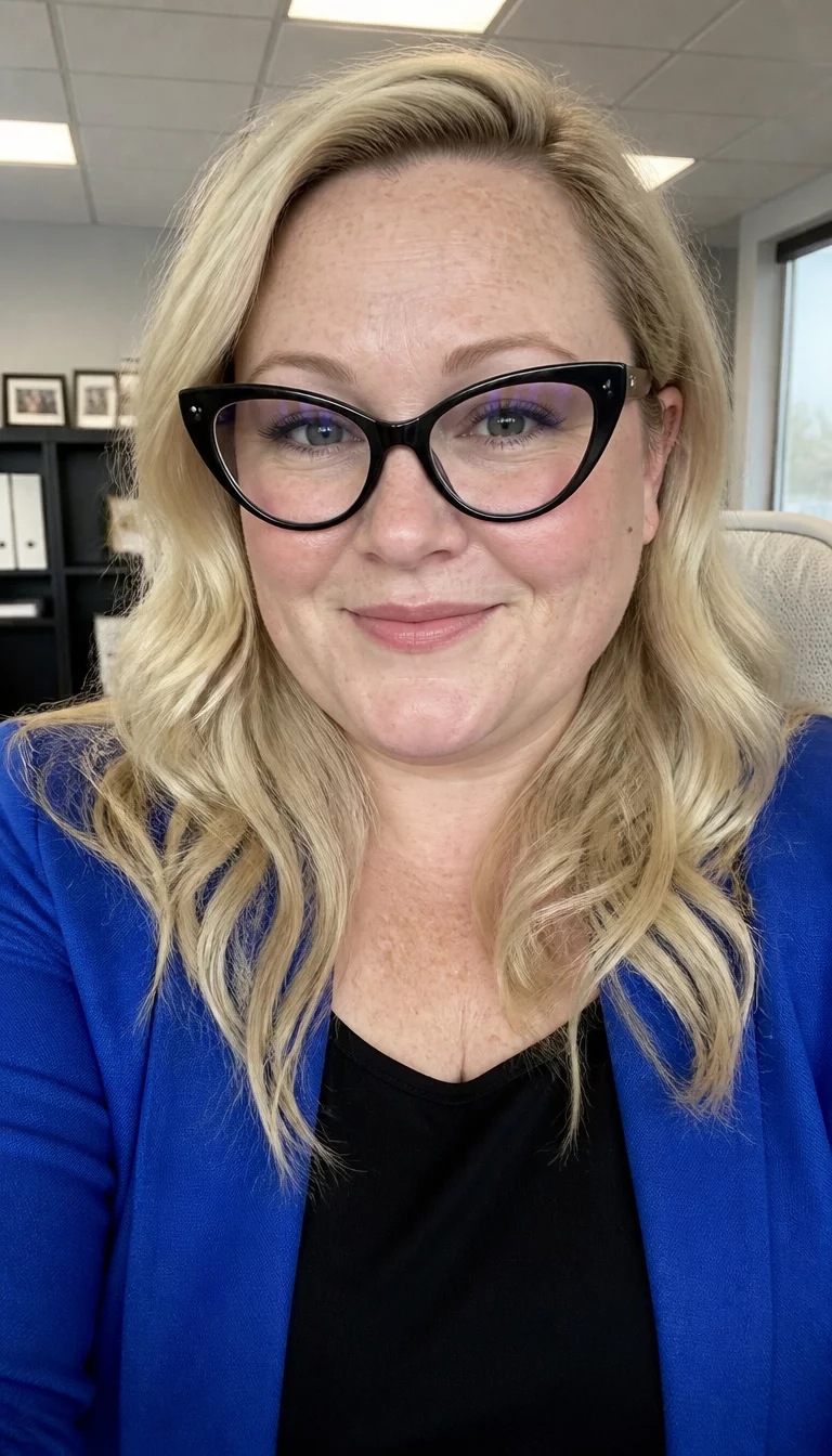 Icy Blonde And Bold Frames selfie of a 36-year-old plus size Caucasian woman with a chubby face and a small, pointed nose. The skin is heavily textured with a complex pattern of pale freckles and a small mole near the ear. The eyes are hidden behind bold cat-eye glasses. She is wearing a blue blazer over a black top with very light blonde, wavy hair, front view, office background.