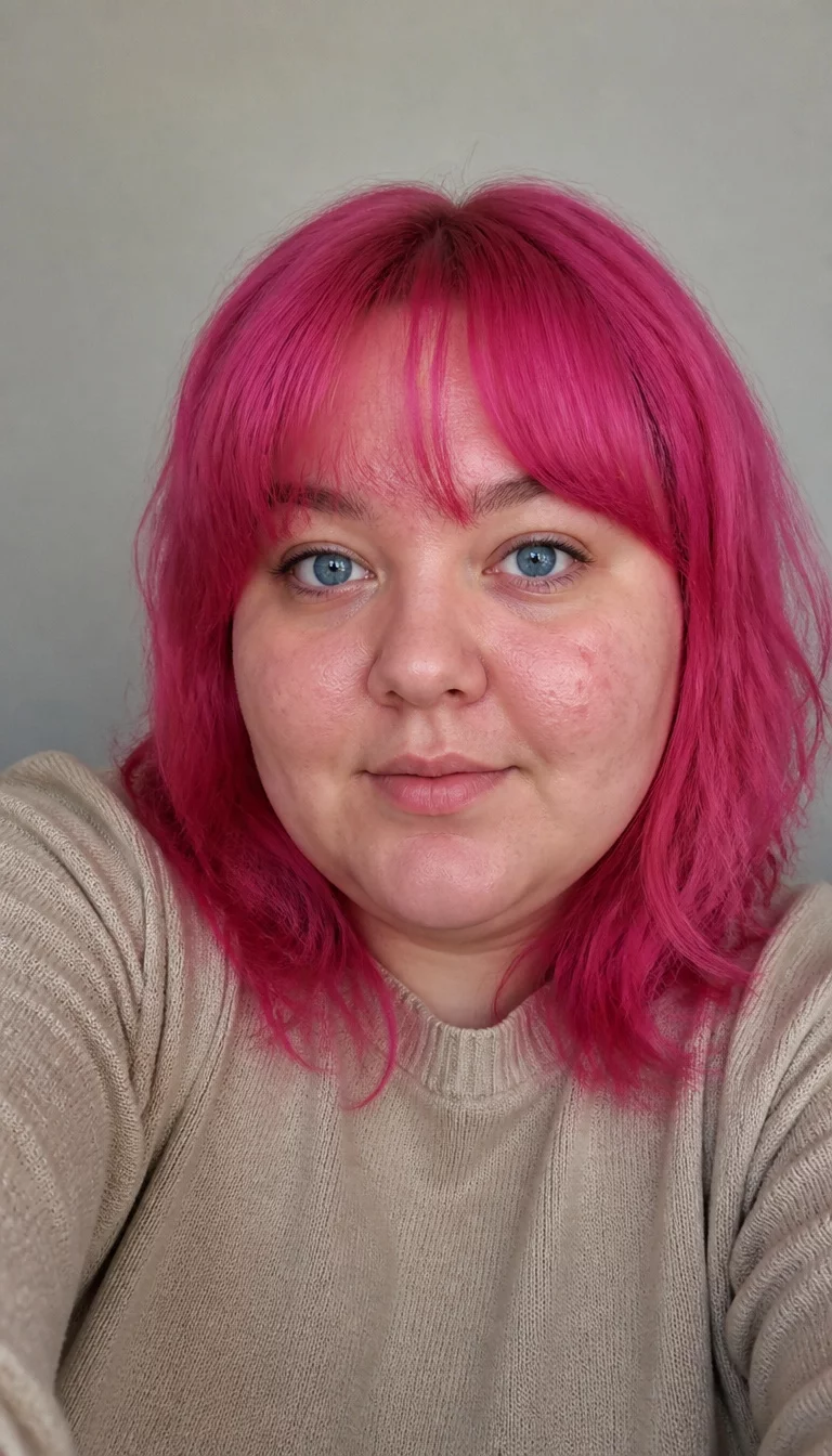 Vibrant Pink Statement selfie of a 27-year-old plus size woman with a chubby face and a delicate, short nose. The skin is heavily textured with a complex pattern of light acne and a small scar on the left cheek. The eyes are wide blue. She is wearing a beige sweater with vibrant pink hair and bangs, front view, plain background.
