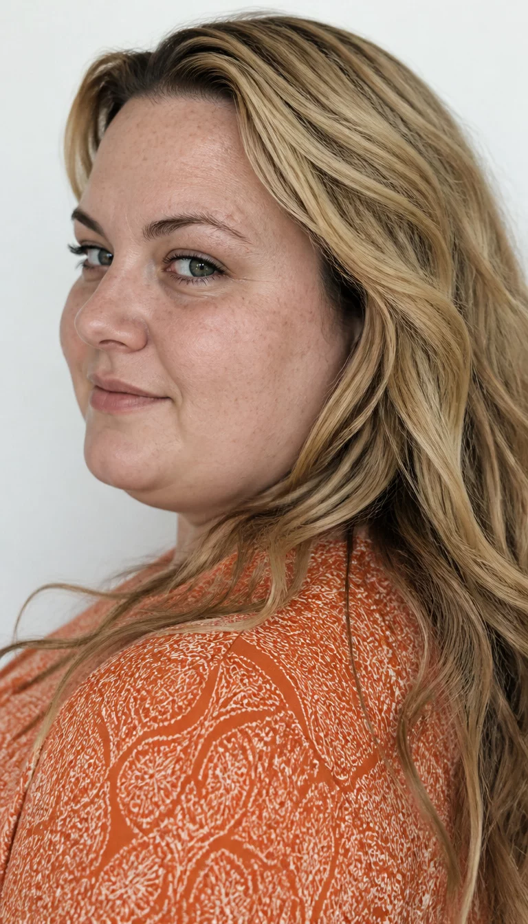Sun Kissed Blonde Waves casual photo of a 29-year-old plus size Caucasian woman with a chubby face and a delicate, upturned nose. The skin is heavily textured with a complex pattern of silver-toned freckles and a faint, thin scar traversing the left eyebrow. The eyes are deep-set green. She is wearing a patterned orange blouse with wavy blonde hair featuring subtle highlights, side view, white background.