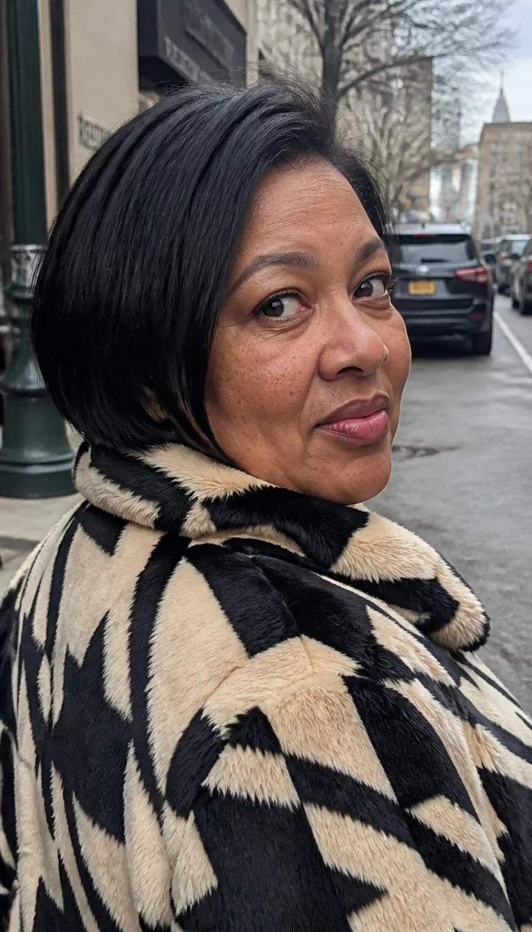 Short Cuts and Sharp Styles casual photo of a 44-year-old plus size woman with a chubby face and a broad nose. The skin is heavily textured with a complex pattern of age spots and a faint line near the mouth. The eyes are expressive brown. She is wearing a statement coat with a blunt bob, side view, city street background.