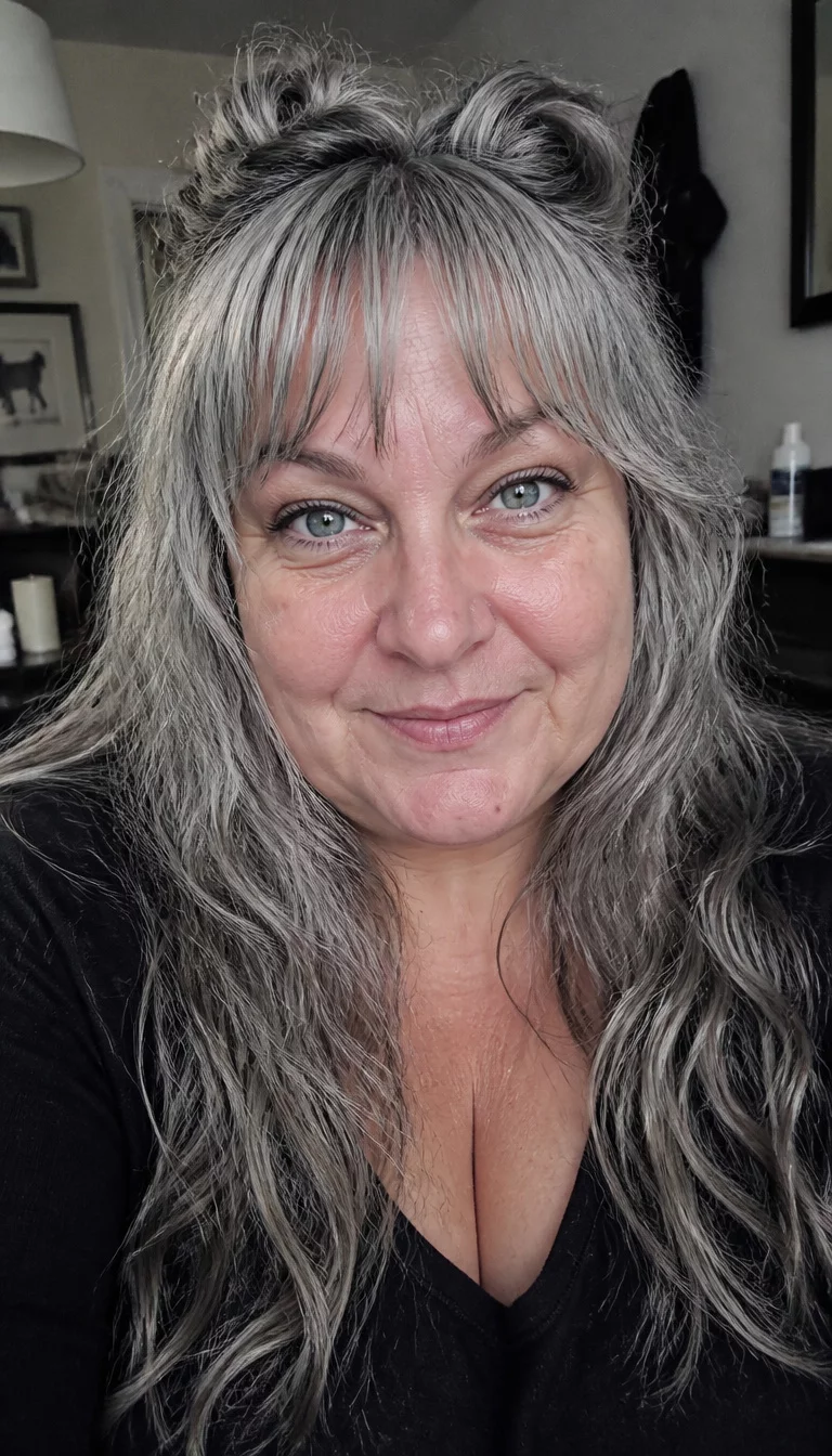 Grey Top Knots and Bangs selfie of a 49-year-old plus size woman with a chubby face and a thin, pointed nose. The skin is heavily textured with a complex pattern of deep wrinkles under the eyes and a small mole on the chin. The eyes are light blue. She is wearing a black top with long, wavy grey hair styled with two top knots and bangs, front view, home setting.