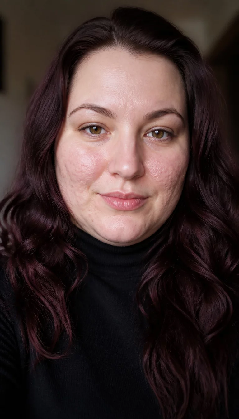 Deep Burgundy Elegance selfie of a 30-year-old plus size Caucasian woman with a chubby face and a straight, narrow nose. The skin is heavily textured with a complex pattern of acne scarring on the lower cheeks and a clear forehead. The eyes are dark hazel. She is wearing a black turtleneck with long, dark burgundy wavy hair, front view, blurred neutral background.