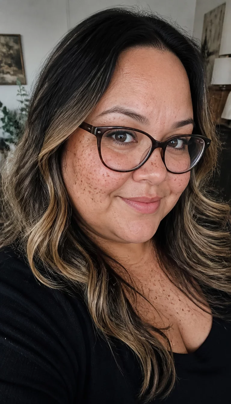 Classic Dark Balayage selfie of a 37-year-old plus size woman with a chubby face and a rounded nose. The skin is heavily textured with a complex pattern of small moles and a very smooth forehead. The eyes are dark brown and framed by glasses. She is wearing a black top with dark hair featuring blonde balayage highlights and waves, three-quarters view, indoor setting.