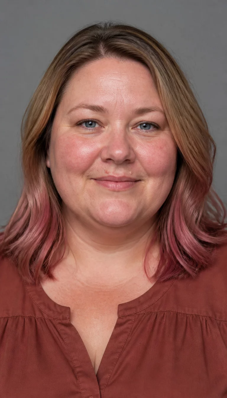 The Ultimate Color Palette casual photo of a 42-year-old plus size Caucasian woman with a chubby face and a wide, friendly nose. The skin is heavily textured with a complex pattern of rosy patches on the cheeks and a tiny mole above the lip. The eyes are wide set blue. She is wearing a simple blouse with a choice of reddish-brown, blonde ombré, or pinkish hues, front view, neutral studio background.