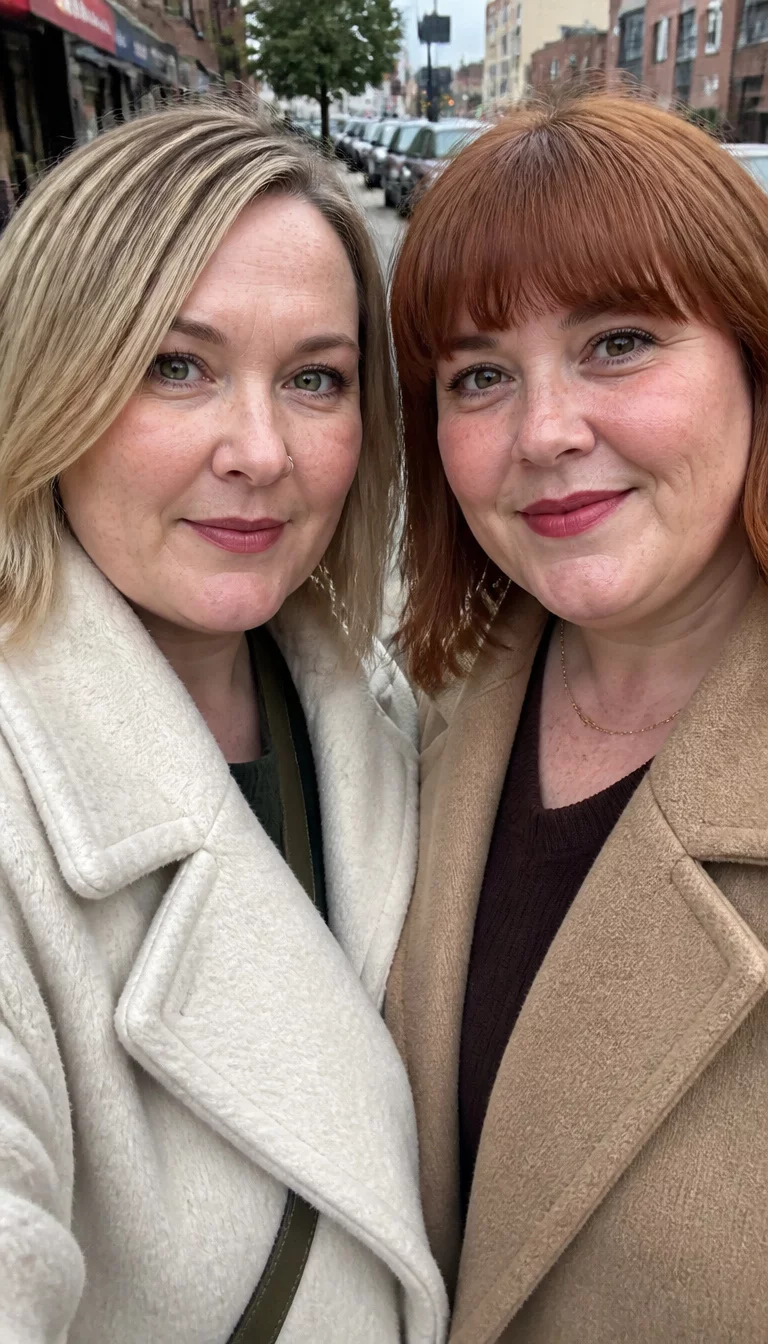 The Lob vs The Bob casual photo of two 41-year-old plus size women with chubby faces and different nose shapes. The skin is heavily textured with various patterns of age spots and freckles. The eyes are green and brown. They are wearing stylish coats with a blonde lob and a reddish bob with bangs, front view, street background.