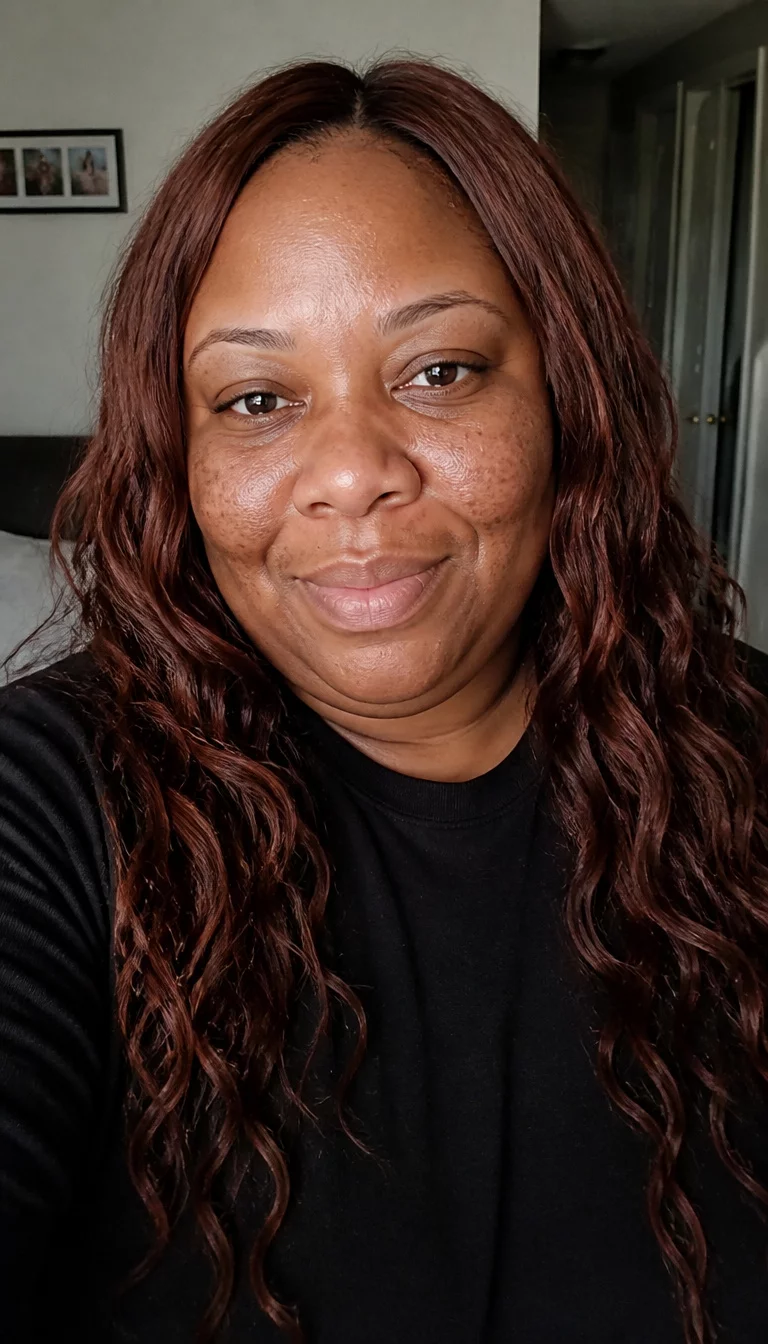 Long Auburn Waves selfie of a 40-year-old plus size Black woman with a chubby face and a broad, rounded nose. The skin is heavily textured with a complex pattern of hyperpigmentation on the cheeks and a smooth forehead. The eyes are dark brown. She is wearing a black t-shirt with long, wavy auburn hair, front view, home interior background.