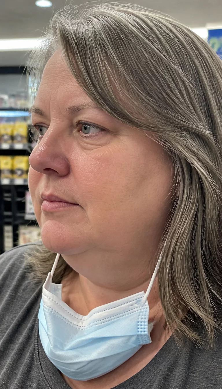 Silver Layers and Subtle Depth casual photo of a 47-year-old plus size woman with a chubby face and a thin, straight nose. The skin is heavily textured with a complex pattern of fine wrinkles around the mouth and a light pinkish hue. The eyes are soft grey. She is wearing a grey top and a light blue face mask with layered gray hair and subtle highlights, side view, indoor public space.