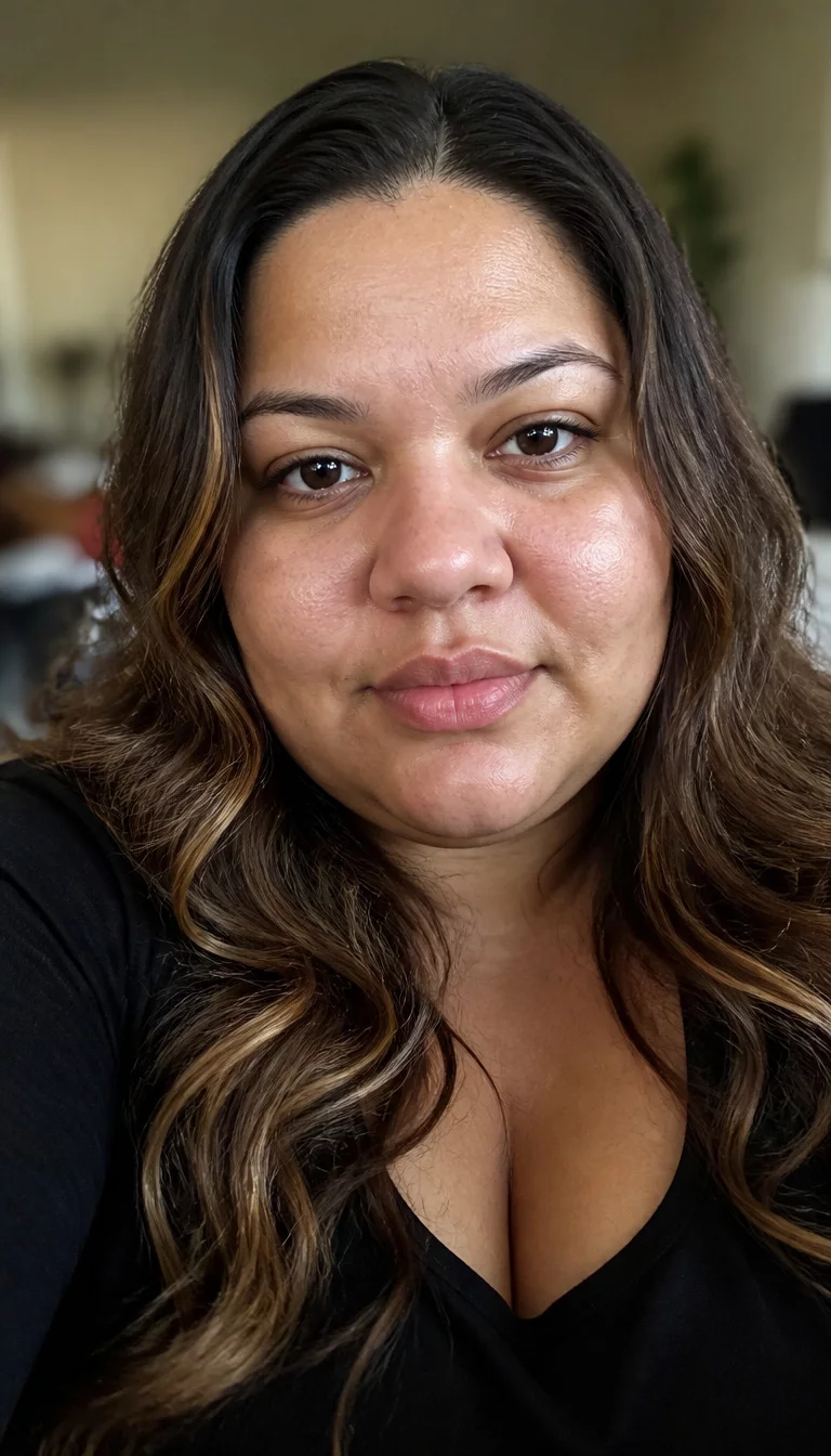 Multi Tonal Wavy Mocha selfie of a 31-year-old plus size woman of indeterminate ethnicity with a chubby face and a slightly flared nose. The skin is heavily textured with a complex pattern of fine pores on the forehead and a faint horizontal line across the bridge of the nose. The eyes are deep-set brown. She is wearing a black top with a wavy, multi-toned brown hairstyle, front view, blurred background.