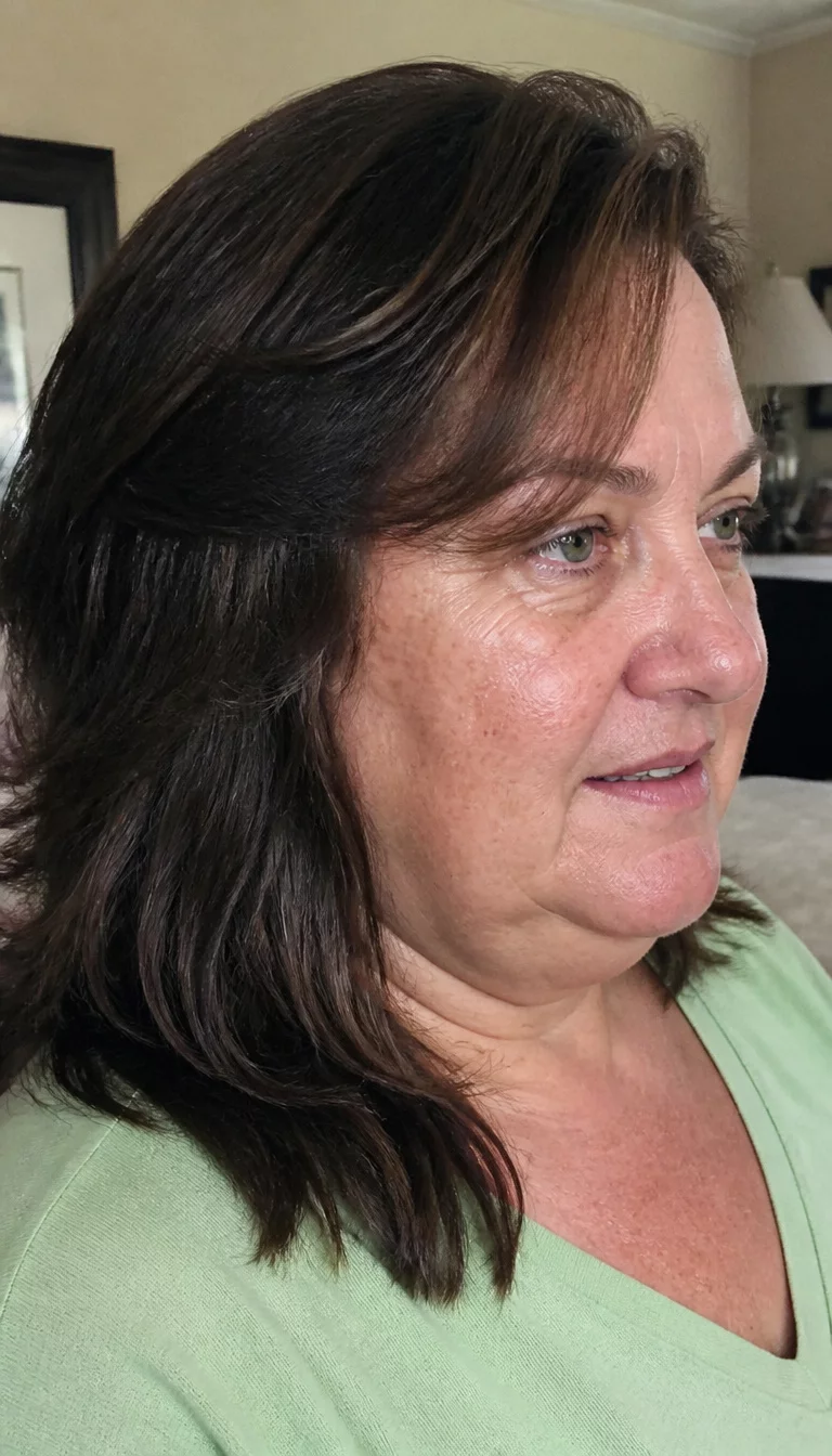 casual photo of a 45-year-old plus size Caucasian woman with a chubby face and a slightly hooked nose. The skin is heavily textured with a complex pattern of sun-damaged spots and a faint line between the brows. The eyes are light green. She is wearing a pale green top with a dark brown, layered hair styled with voluminous layers and side-swept bangs hairstyle, side view, indoor setting.