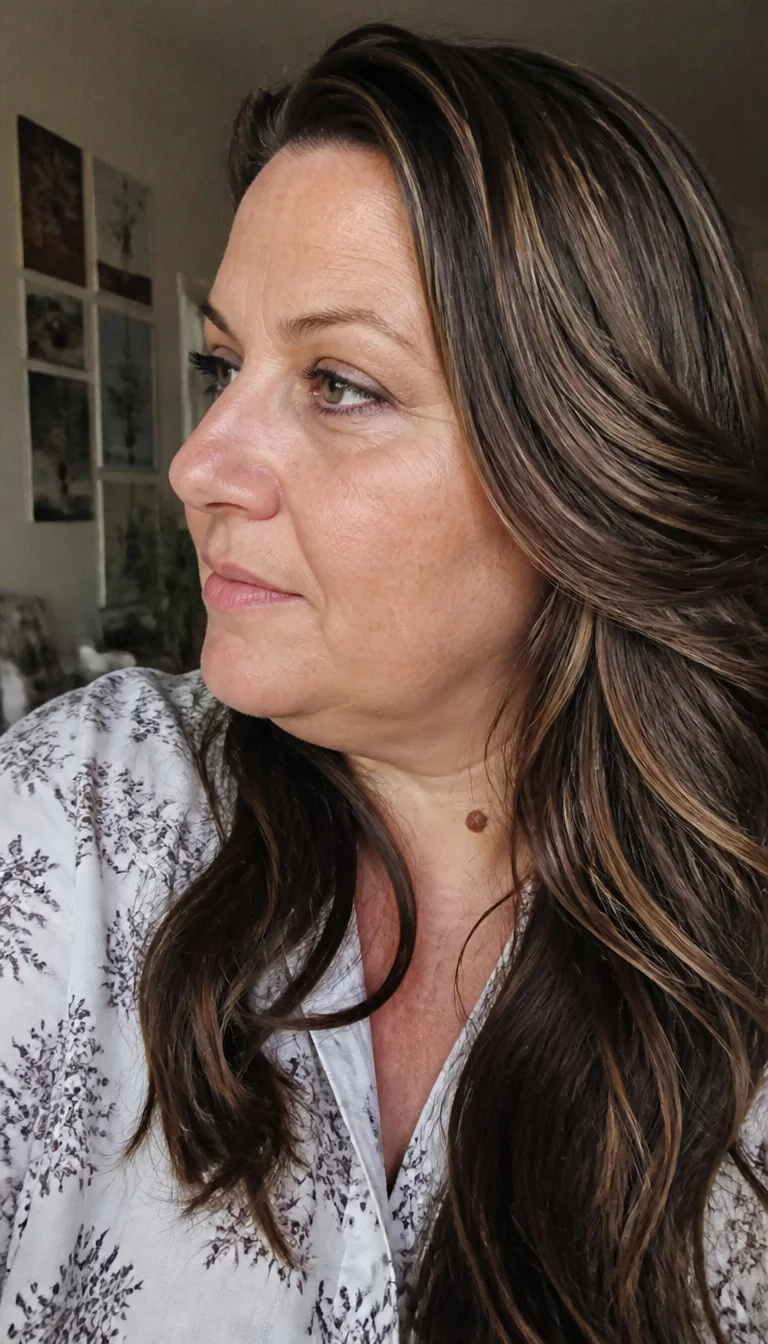 casual photo of a 39-year-old plus size Caucasian woman with a chubby face and a long, straight nose. The skin is heavily textured with a complex pattern of light wrinkles and a small birthmark on the neck. The eyes are grey-blue. She is wearing a white patterned shirt with a long, dark brown hair with blonde highlights, styled in loose waves and a deep side part hairstyle, side view, indoor setting.