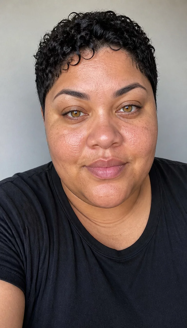 selfie of a 34-year-old plus size mixed ethnicity woman with a chubby face and a rounded nose tip. The skin is heavily textured with a complex pattern of golden undertones and a few beauty marks. The eyes are amber. She is wearing a simple black t-shirt with a short, textured crop hairstyle, front view, neutral background.