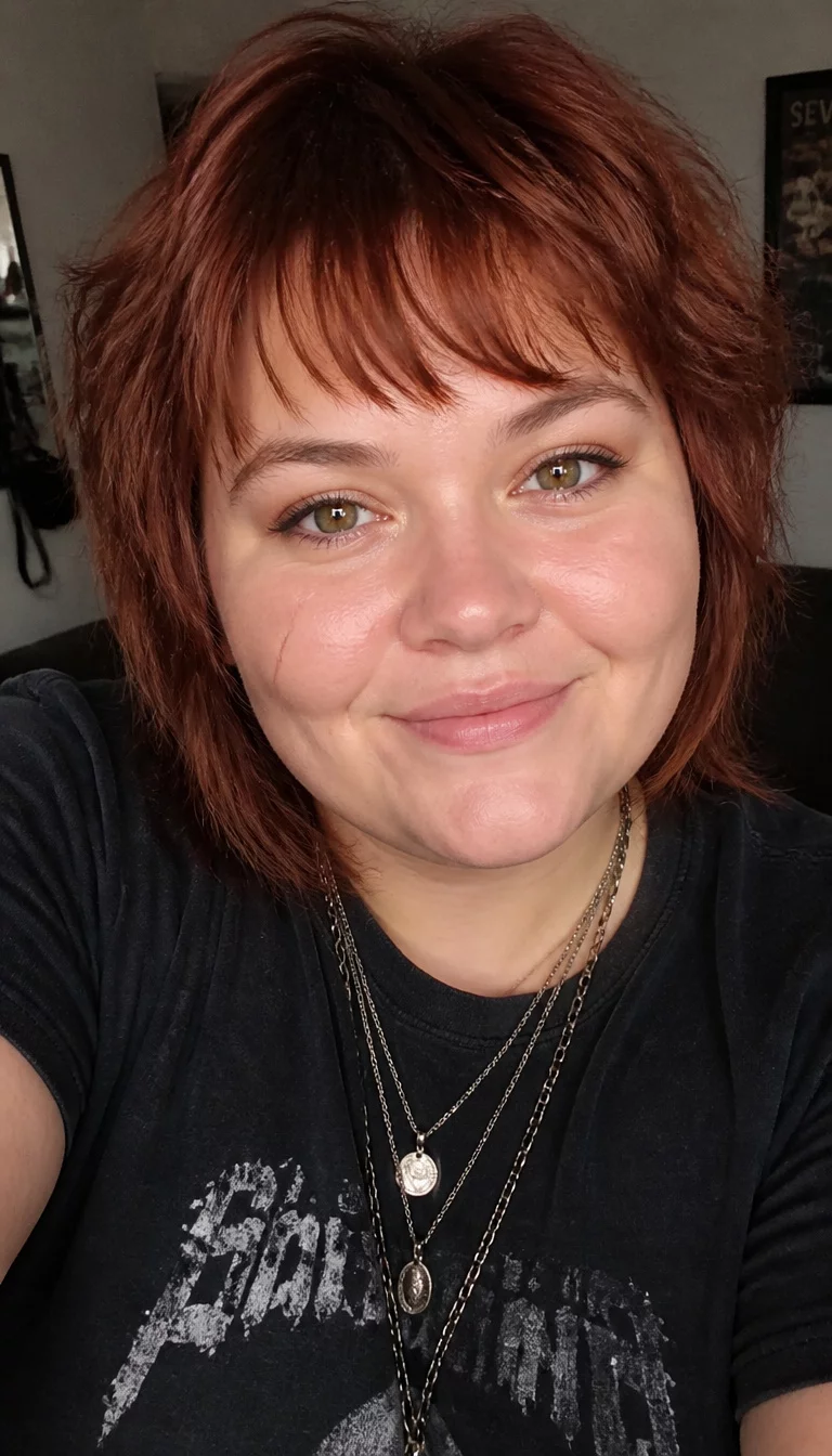 selfie of a 27-year-old plus size Caucasian woman with a chubby face and a petite nose. The skin is heavily textured with a complex pattern of fair skin and a faint, thin scar on the left cheek. The eyes are hazel. She is wearing a dark t-shirt and layered necklaces with a short, choppy, auburn-red hair with choppy bangs hairstyle, front view, smiling.