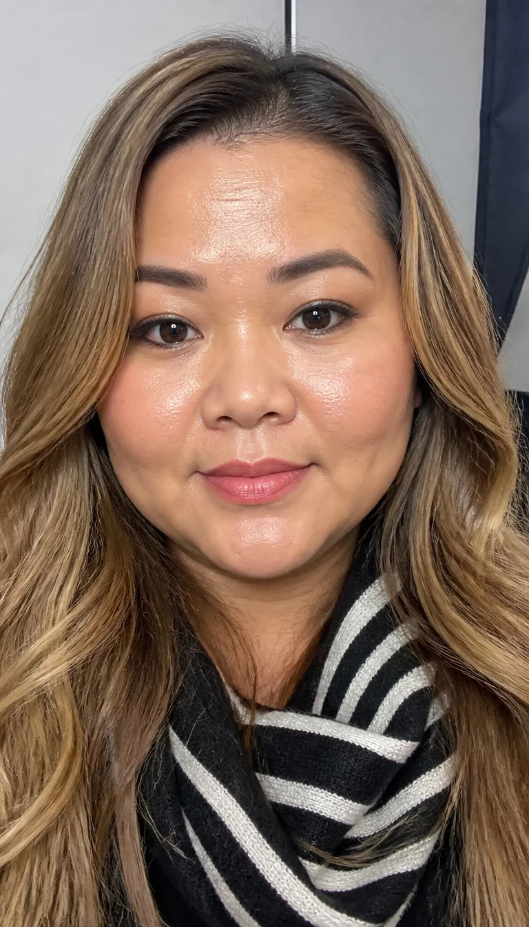 selfie of a 33-year-old plus size Asian woman with a chubby face and a small flat nose. The skin is heavily textured with a complex pattern of porcelain clarity and a faint dimple on the right cheek. The eyes are dark brown. She is wearing a black-and-white striped scarf with a blonde-brown hair styled in waves hairstyle, front view, indoor studio.