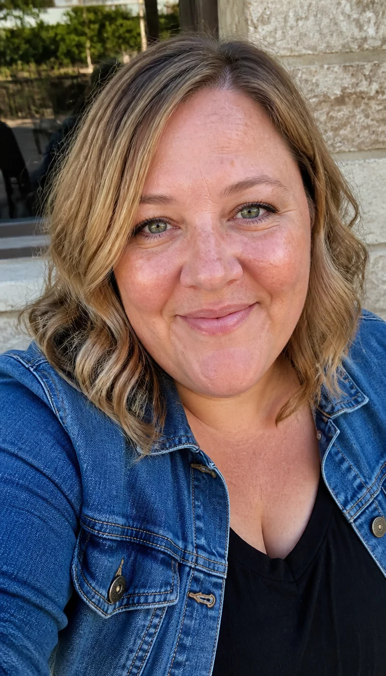 selfie of a 41-year-old plus size Caucasian woman with a chubby face and a wide nose. The skin is heavily textured with a complex pattern of light freckles across the cheeks and a small mole on the forehead. The eyes are green. She is wearing a denim jacket over a black top with a shoulder-length, wavy, blonde-brown hair styled with layers hairstyle, front view, outdoor setting.