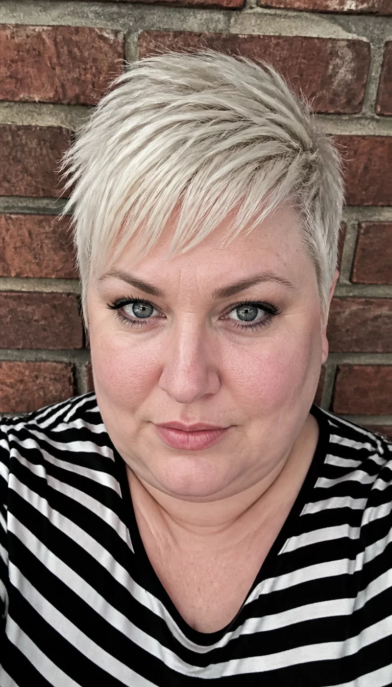 selfie of a 38-year-old plus size Caucasian woman with a chubby face and a sharp, narrow nose. The skin is heavily textured with a complex pattern of pale tones and a small scar on the temple. The eyes are icy grey. She is wearing a black and white striped top with a short, edgy platinum blonde pixie cut with front bangs hairstyle, front view, brick wall background.
