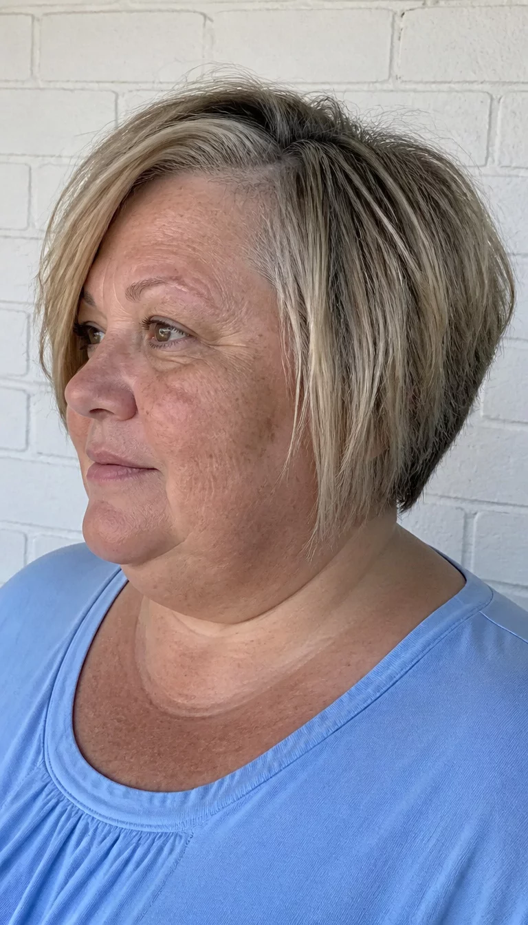 casual photo of a 49-year-old plus size Caucasian woman with a chubby face and a narrow nose. The skin is heavily textured with a complex pattern of age spots and a faint, thin scar traversing the left eyebrow. The eyes are hazel. She is wearing a light blue top with a blonde and grey, choppy, textured hair styled in an asymmetrical bob hairstyle, side view, white brick wall.