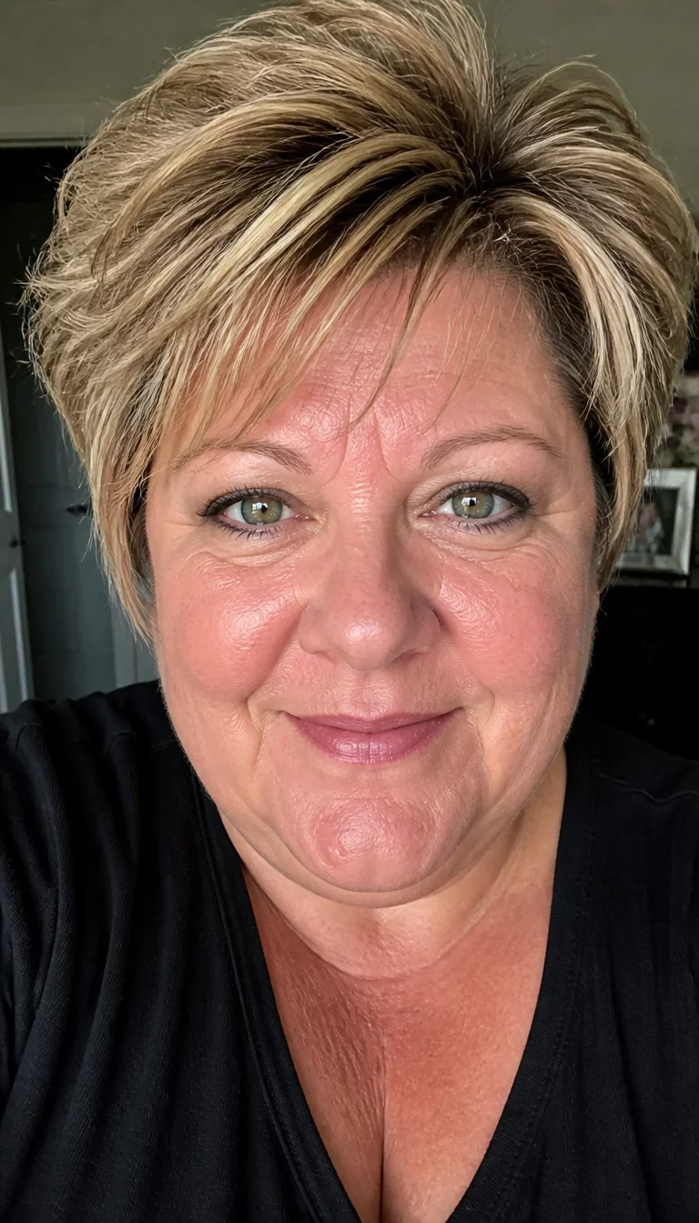 selfie of a 47-year-old plus size Caucasian woman with a chubby face and a rounded nose. The skin is heavily textured with a complex pattern of fine lines and a small mole on the chin. The eyes are green. She is wearing a black top with a blonde-highlighted hair styled in a voluminous short cut hairstyle, front view, smiling.