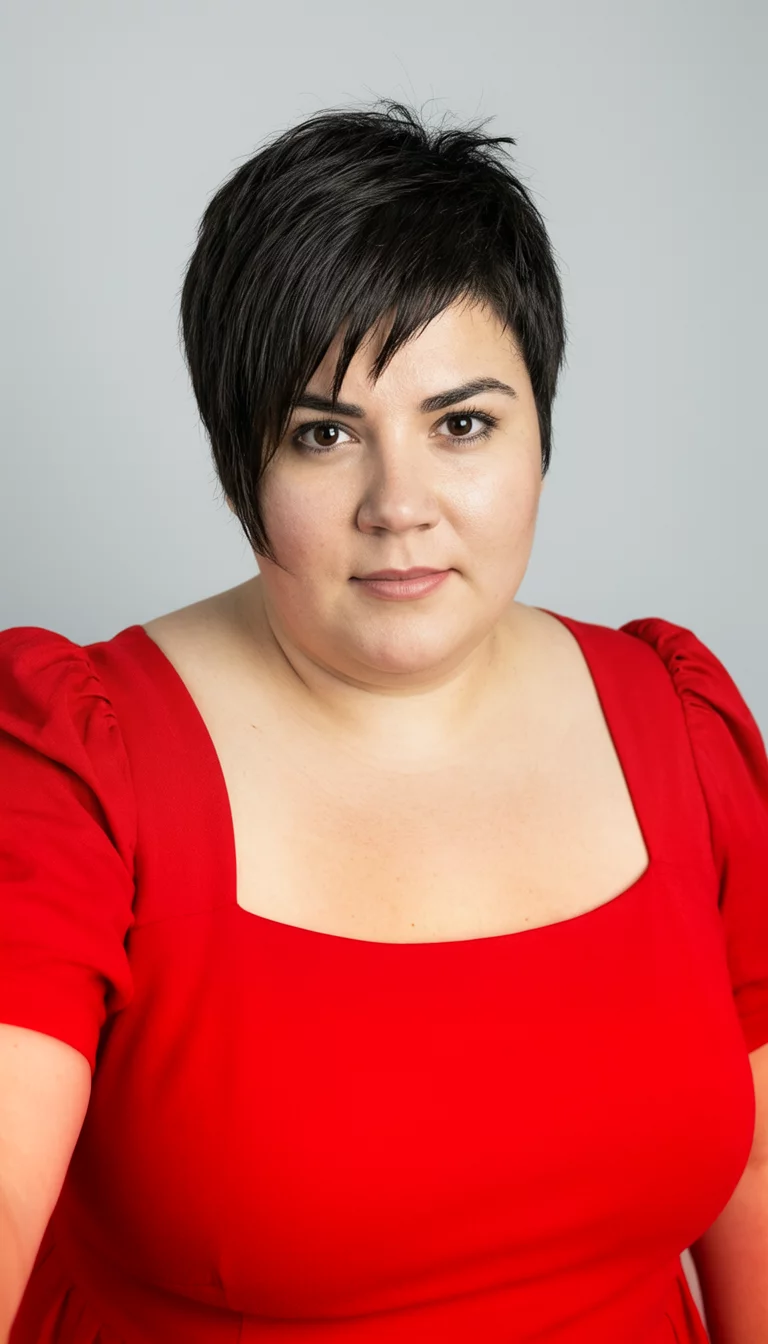 selfie of a 32-year-old plus size Mediterranean woman with a chubby face and a straight, classic nose. Her face skin has smooth, matte pores. The eyes are dark brown. She is wearing a vibrant red dress with puff sleeves with a short, dark, choppy pixie cut with a side fringe hairstyle, front view, studio background.