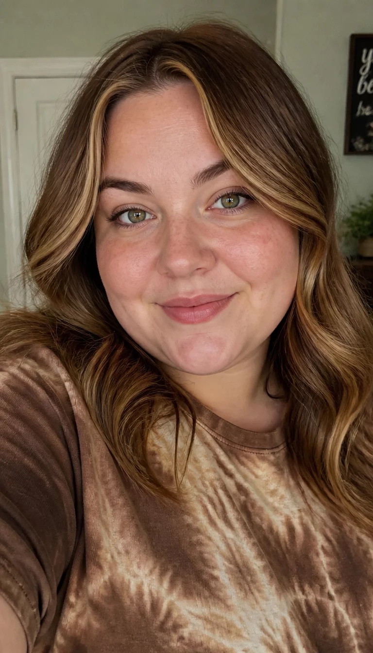 Tousled Balayage Waves selfie of a 32-year-old plus size Caucasian woman with a chubby face and a slightly wide, straight nose. Her face skin has natural skin texture and light freckles. The eyes are green. She is wearing a brown tie-dye t-shirt with medium-length, styled in loose waves with brown and blonde balayage highlights hairstyle, front view, indoor background.