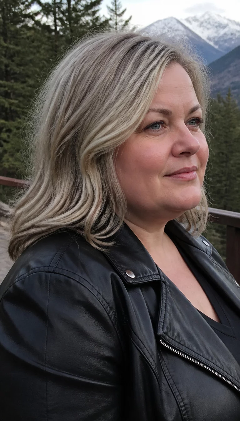Silvery Layered Shag For Texture casual photo of a 38-year-old plus size Caucasian woman with a chubby face and a slightly upturned nose. Her face skin has natural, mature texture. The eyes are blue. She is wearing a black leather jacket with a medium-length, layered style with a silvery-grey base color and lighter blonde streaks hairstyle, side view, outdoor background.