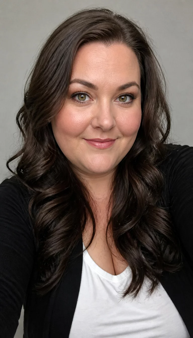 Brunette Waves For Hollywood Glamour selfie of a 39-year-old plus size Caucasian woman with a chubby face and a refined, straight nose. Her face skin has matte, clear pores. The eyes are sparkling hazel. She is wearing a white top layered with a black cardigan with long, wavy, and dark brown hairstyle, front view, neutral studio background.