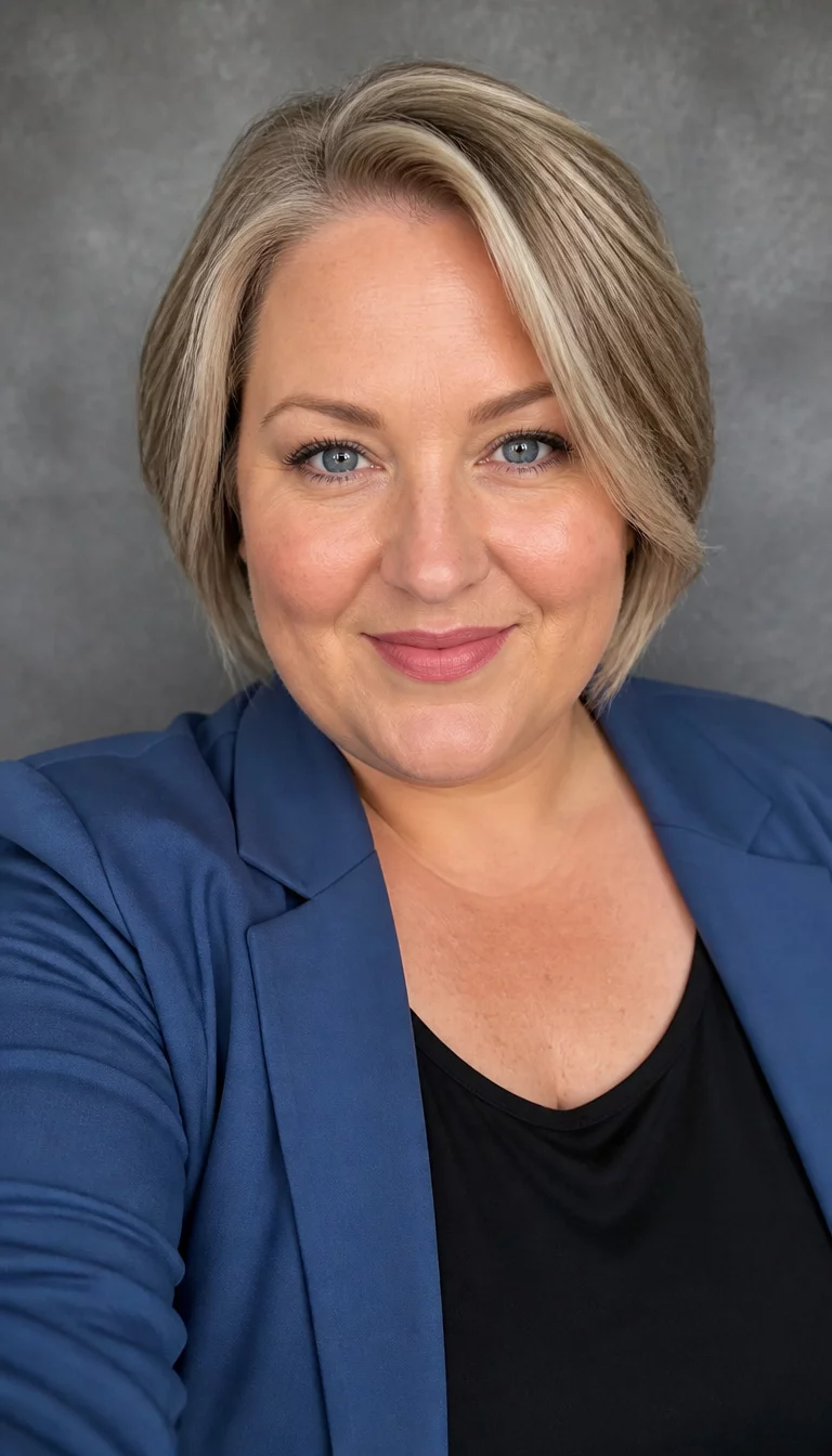 Ash Blonde Pixie With Statement Frames selfie of a 35-year-old plus size Caucasian woman with a chubby face and a prominent, elegant nose. Her face skin has light freckles and visible pores. The eyes are blue. She is wearing a blue blazer over a black top with a short, layered, ash blonde hairstyle, front view, studio background.