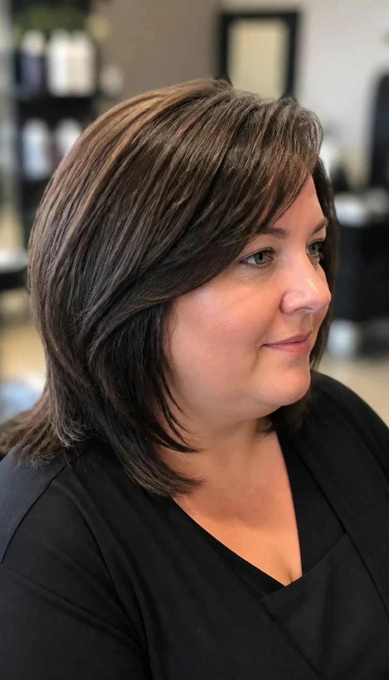 Layered Blonde Mid Length Swish casual photo of a 37-year-old plus size Caucasian woman with a chubby face and a soft, tapered nose. Her face skin has natural skin texture. The eyes are grey. She is wearing a black top with a layered, mid-length cut with a side-swept fringe hairstyle, side view, blurred salon background.