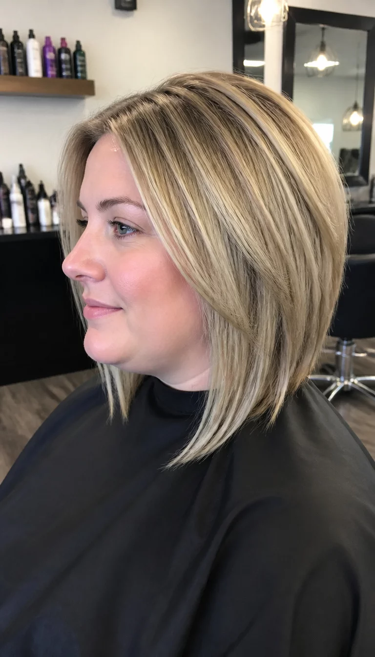 Sleek Angled Blonde Bob casual photo of a 34-year-old plus size Caucasian woman with a chubby face and a long, straight nose. Her face skin has smooth, matte texture. The eyes are blue. She is wearing a black salon cape with blonde with heavy blonde highlights, styled in a layered, angled bob hairstyle, side view, salon background.
